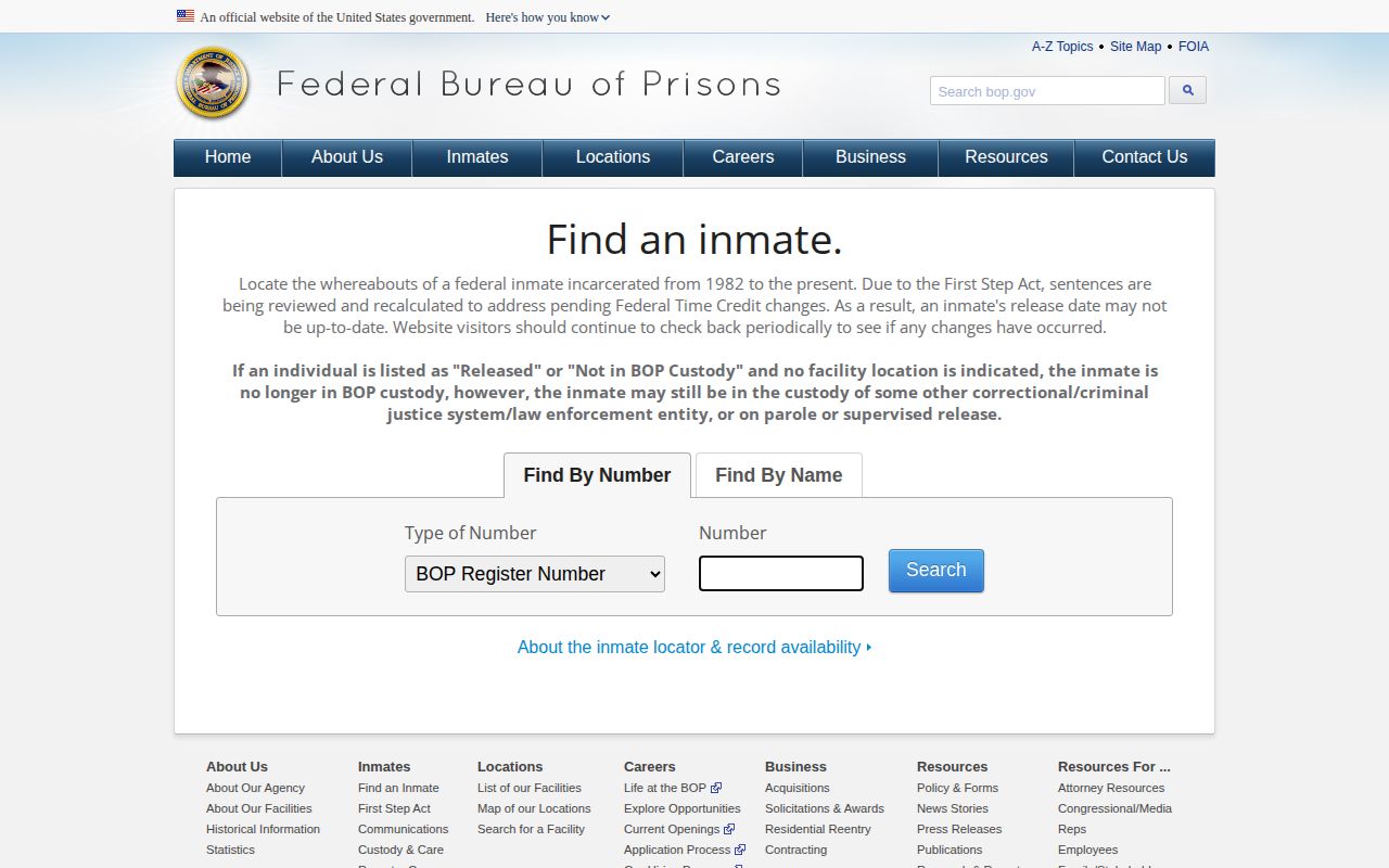 Federal Bureau of Prisons inmate locator used for federal release records