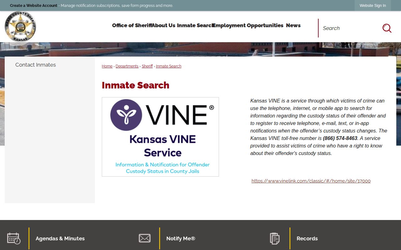 Meade County inmate-search page routing users to Kansas VINE